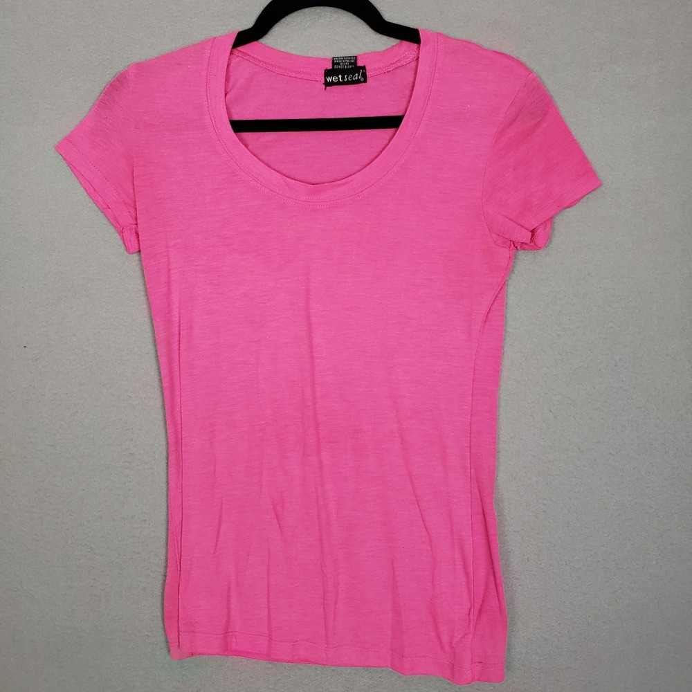 Y2K Wet Seal Scoop Neck Tee Shirt Neon Hot‎ Pink Bold Casual Basic Longline Sz M